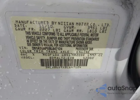 2011 Nissan Sentra 2.0 z USA, uszkodzony, nr VIN 3N1AB6APXBL647124